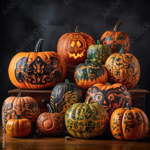 Fototapeta A collection of carved and painted Halloween-themed pumpkins in various sizes, showcasing creative designs and patterns. 
