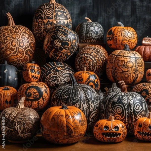 Fototapeta A collection of carved and painted Halloween-themed pumpkins in various sizes, showcasing creative designs and patterns. 