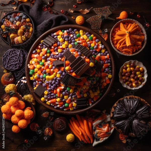 Fototapeta A collection of Halloween-themed candies and treats, including candy corn, gummy worms, and chocolate bats, artfully arranged in a colorful display. 