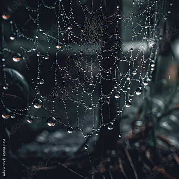 Fototapeta A dark and atmospheric shot of a spiderweb adorned with dewdrops, perfectly illuminated by accent lighting, creating a chilling and mesmerizing effect