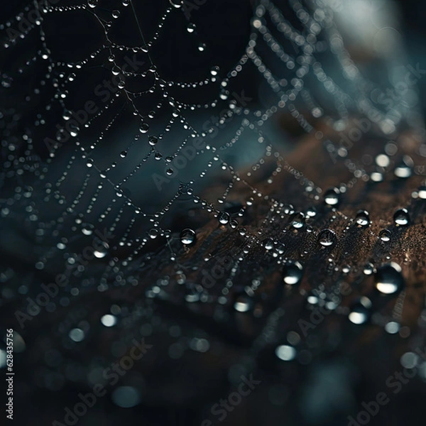 Fototapeta A dark and atmospheric shot of a spiderweb adorned with dewdrops, perfectly illuminated by accent lighting, creating a chilling and mesmerizing effect