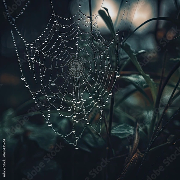 Fototapeta A dark and atmospheric shot of a spiderweb adorned with dewdrops, perfectly illuminated by accent lighting, creating a chilling and mesmerizing effect