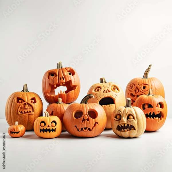 Fototapeta A lineup of carved pumpkins, cut out and placed on a white background, displaying various emotions and expressions for Halloween inspiration.