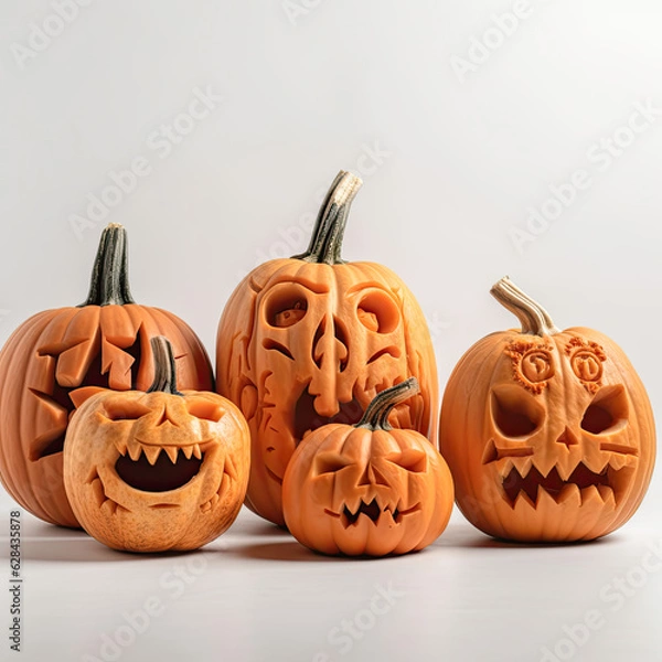 Fototapeta A lineup of carved pumpkins, cut out and placed on a white background, displaying various emotions and expressions for Halloween inspiration.