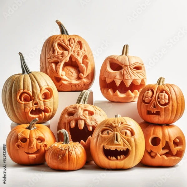 Fototapeta A lineup of carved pumpkins, cut out and placed on a white background, displaying various emotions and expressions for Halloween inspiration.