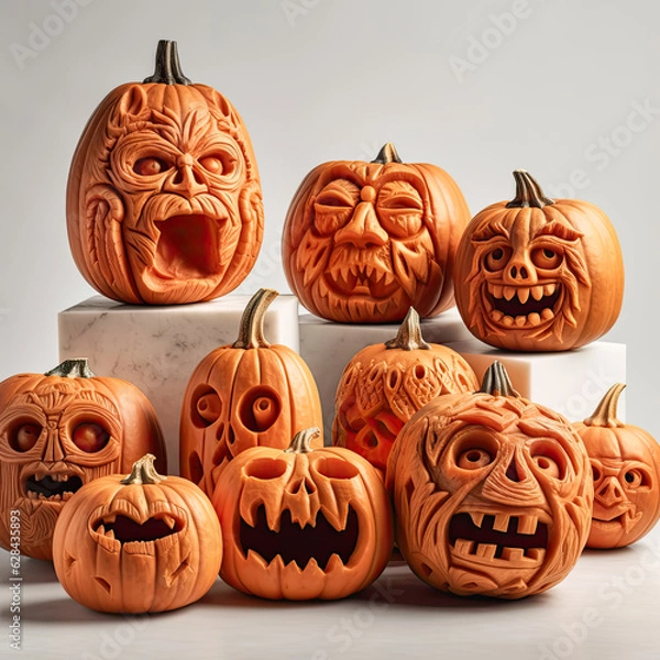 Fototapeta A lineup of carved pumpkins, cut out and placed on a white background, displaying various emotions and expressions for Halloween inspiration.