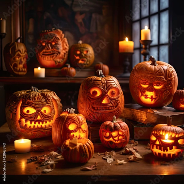Fototapeta A lineup of carved pumpkins with various expressive faces, illuminated from within by candles, creating a spooky and inviting scene.