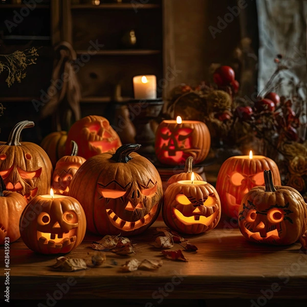 Fototapeta A lineup of carved pumpkins with various expressive faces, illuminated from within by candles, creating a spooky and inviting scene.
