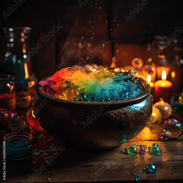 Fototapeta A mesmerizing shot of a witch's cauldron bubbling with colorful potions, perfectly illuminated by accent lighting, evoking a sense of mystery and enchantment. 