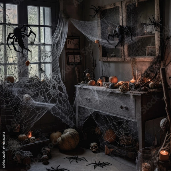 Fototapeta A selection of Halloween decorations and props, such as spider webs, fake cobwebs, and plastic spiders, arranged in a corner to create a haunted look. 