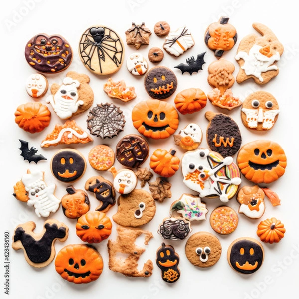 Fototapeta A set of Halloween-themed cookies and treats, cut out and placed on a white background, perfect for festive food photography.