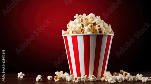 Obraz Red and white popcorn bucket  with popcorn empty background, , place for text, dark red bokeh blur background