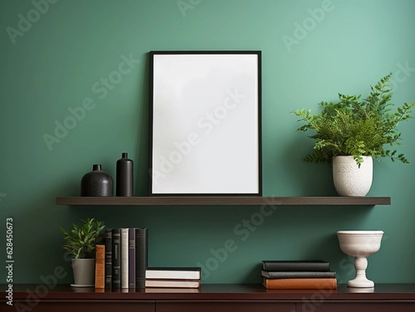 Fototapeta Modern interior design of living room with wooden empty mock up frame, wooden shelf, books, flowers in white vase,and elegant accessories. Design home decor. Generative ai