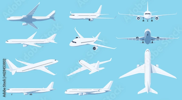 Fototapeta Airplanes in different angles on a blue background. Passenger and cargo air transport. A quick long-distance flight. Vector illustration