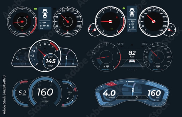 Obraz Set of different car dashboards with sensors. Measurement of car speed and engine revolutions. Vector illustration