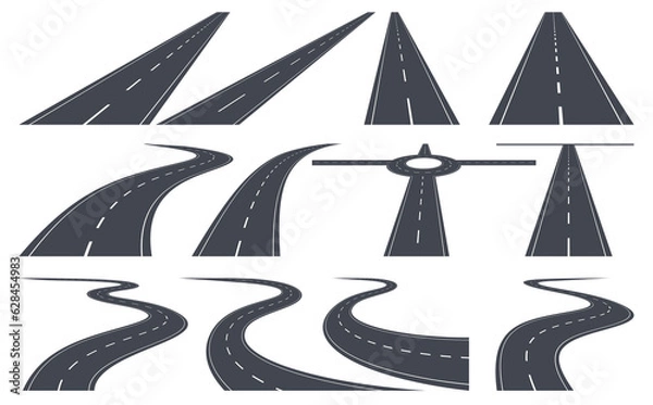Fototapeta Roads and highways in perspective. Road path with different bends. The road connects the cities. Vector illustration