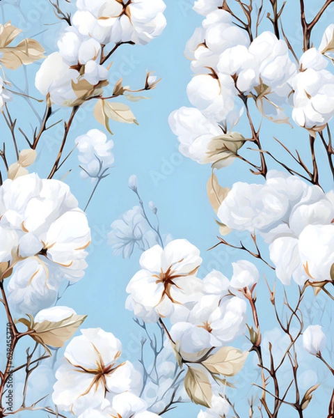 Fototapeta Gentle white flowers on a blue background tileable watercolor hand drawn seamless pattern created with Generative AI technology