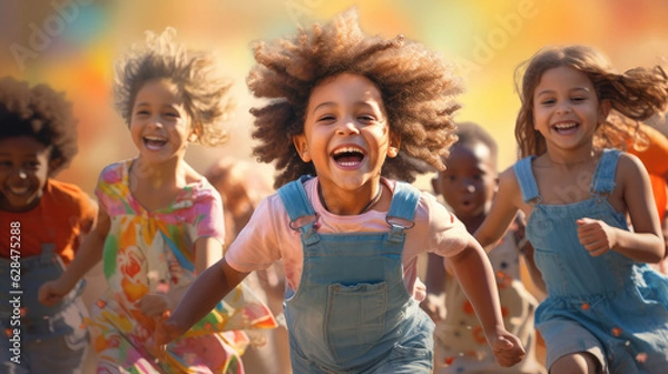 Fototapeta Group of diverse cheerful fun happy multiethnic children outdoors created with Generative AI technology, Generative Ai