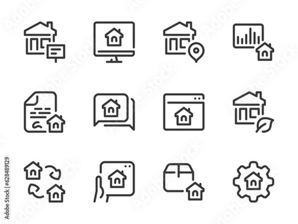 Fototapeta Real Estate and Property vector line icons. Building and Apartment ownership outline icon set. Online Agency, Contract, Report, Flipping, House Market Research and more.