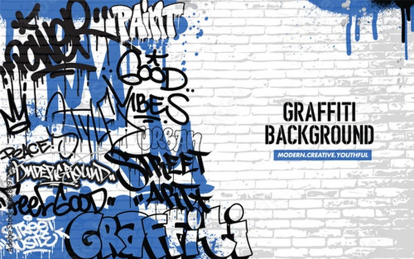 Fototapeta Graffiti background with throw-up and tagging hand-drawn style. Street art graffiti urban theme in vector format.