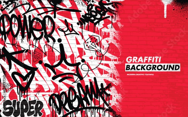 Fototapeta Graffiti background with throw-up and tagging hand-drawn style. Street art graffiti urban theme in vector format.