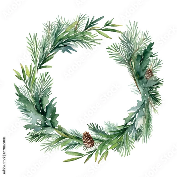 Obraz Retro christmas wreath watercolor, great design for any purposes. Watercolor illustration. Invitation card design. Invitation banner design. Vector  frame.
