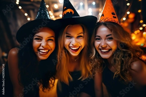 Fototapeta  Friends enjoying party celebrating in Halloween witch costume made with generative ai technology
