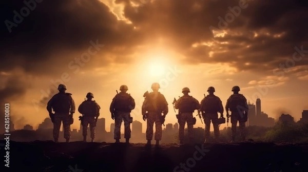 Fototapeta Group of soldier standing looking amidst the ruins of a destroyed city, War Concept, Military conflict.