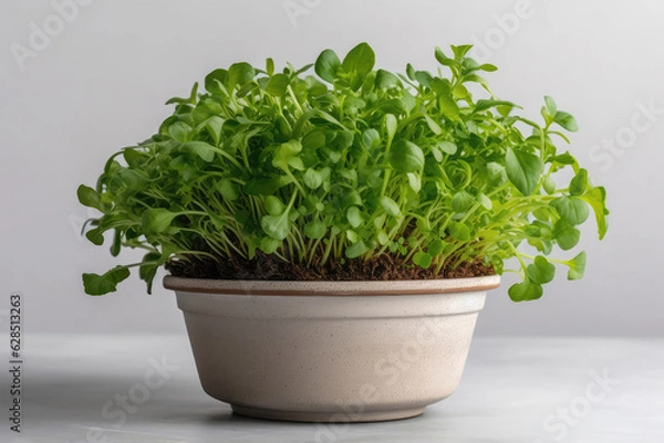 Obraz Arugula Salad Growing In White Pot On White Background. Generative AI