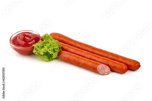 Fototapeta Smoked Hot dog sausages, isolated on white background. High resolution image.