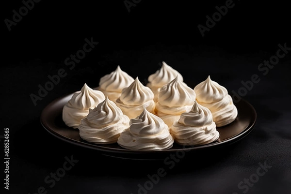 Fototapeta Delicious Meringues with Double Cream dark background with empty space for text  