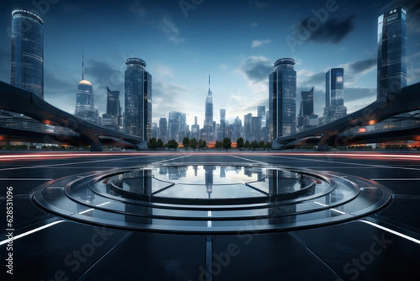 Obraz empty parking lot with city background