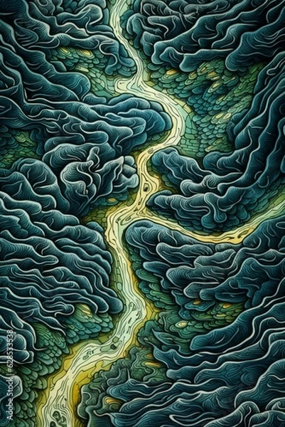 Obraz Topography map of many winding rivers like ribbons thrown across the earth