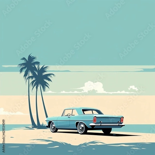 Fototapeta AI generated illustration of a vintage blue car parked on a sandy beach with tropical palm trees