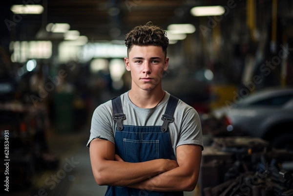 Fototapeta Engine of Industry: High-Resolution Portrait of a Young Mechanic Standing Confidently in a Bustling Car Factory Workshop
