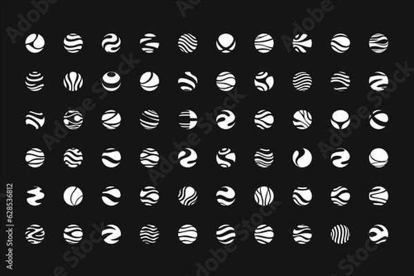 Obraz 3D spheres logo set, geometric shapes collection, vector abstract icon, graphic design elements. Round, circle form business logotypes. Minimalistic halftone white globe, ball with dot, wave, line.