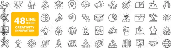 Obraz Creativity innovation set of web icons in line style. Creative business solutions icons for web and mobile app.Creative idea, team management, solution, brainstorming, invention. Vector illustration