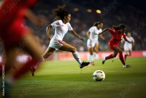 Fototapeta Woman soccer player wearing in uniform battle action in soccer stadium, Generative Ai content.