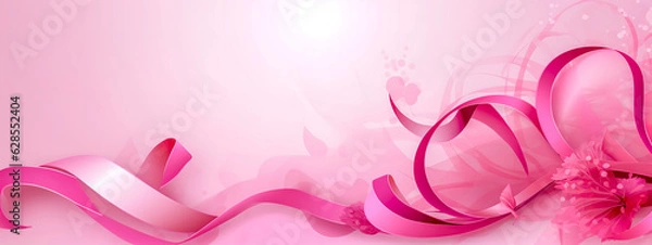 Fototapeta Breast Cancer Awareness Month, pink ribbon and flowers, banner with copy space made with Generative AI
