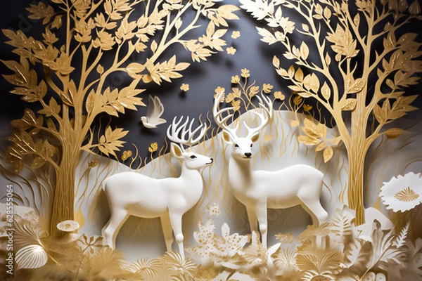 Fototapeta A paper cut artwork of deers in the forest at night, surrounded by trees and leaves, with a dark blue and gold color scheme. generative AI.