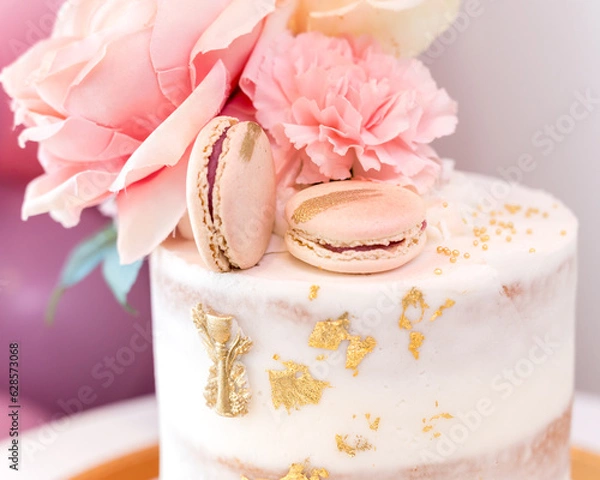 Obraz Gold and pink cake with macaroons and gold leaf decoration