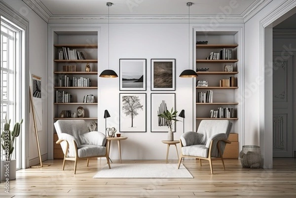 Obraz Interior of a chic living area, office lounge, or home library with white walls, a wooden floor, two cozy armchairs, and a bookcase made of gray and wood. fake vertical poster frame. Generative AI