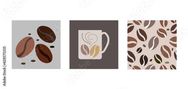 Obraz International Coffee day collection icon set. Coffee beans, coffee mug and  seamless coffee beans background . Three in one set. October 1. Global beverage.