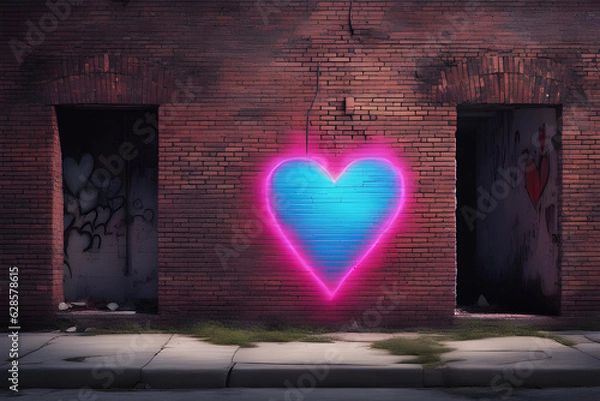 Fototapeta A Neon Heart Adorns an Abandoned Brick Building, pink heart on a wall