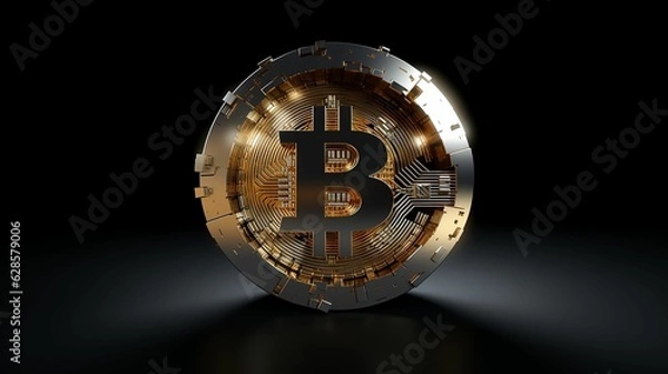 Fototapeta AI generated illustration of a golden Bitcoin on a black surface
