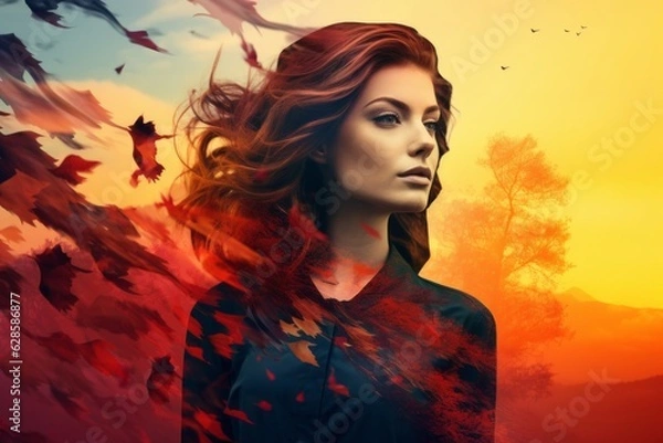 Fototapeta a beautiful woman with red hair is standing in front of a sunset with birds flying in the background