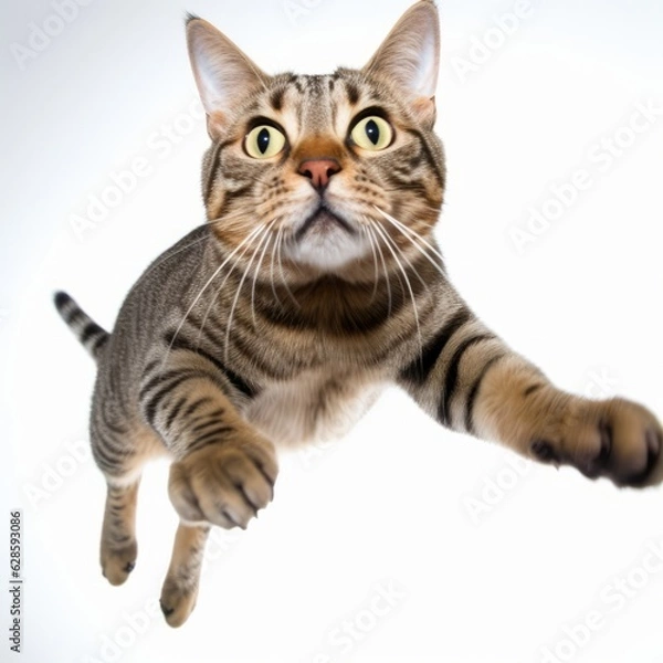 Fototapeta a cat is flying through the air on a white background