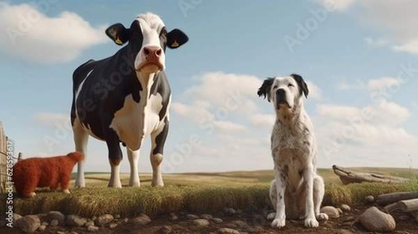 Obraz dog and cow big agrey characters.Generative AI