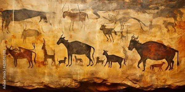 Fototapeta AI Generated. AI Generative. Primitive historical stone cave wall drawing art of animals hunting. Graphic Art