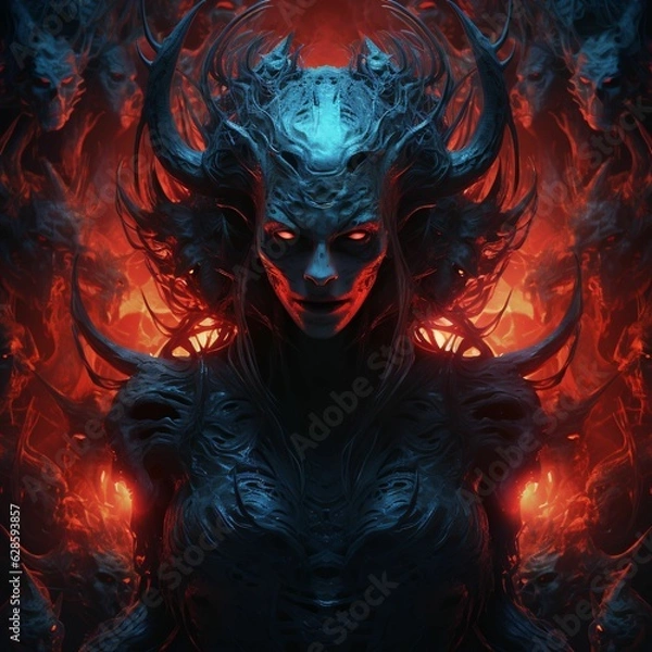Fototapeta Dark female demon surrounded by a blazing red flame. AI-generated.